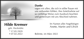 Traueranzeige von Hilde Kremser von Neue Osnabrücker Zeitung GmbH & Co. KG