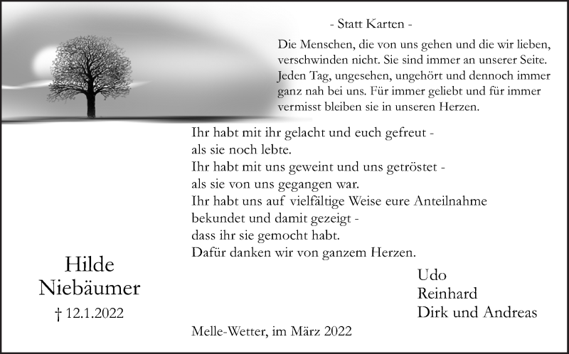  Traueranzeige für Hilde Niebäumer vom 12.03.2022 aus Neue Osnabrücker Zeitung GmbH & Co. KG