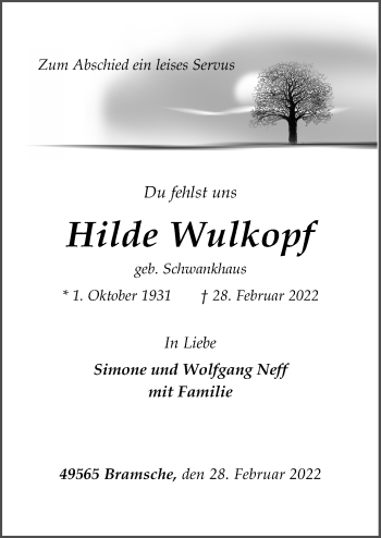 Traueranzeige von Hilde Wulkopf von Neue Osnabrücker Zeitung GmbH & Co. KG