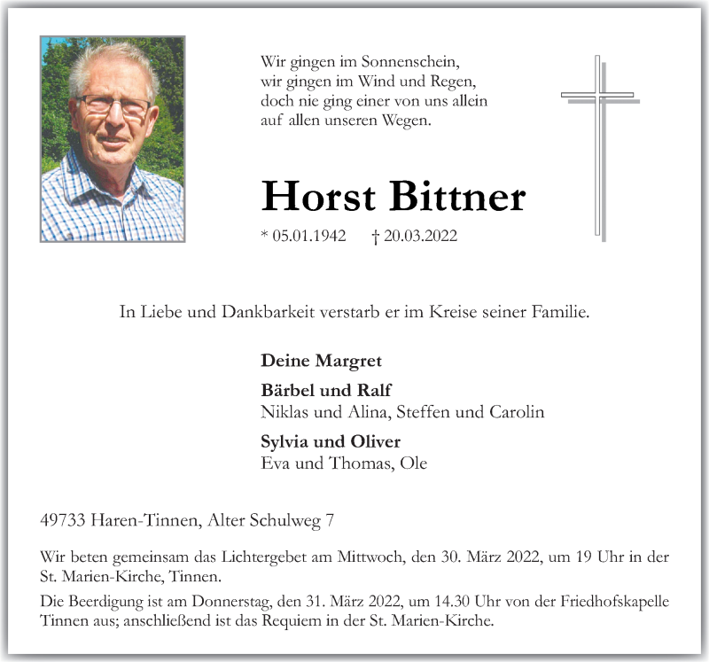  Traueranzeige für Horst Bittner vom 25.03.2022 aus Neue Osnabrücker Zeitung GmbH & Co. KG
