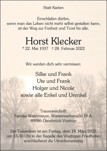 Traueranzeige von Horst Klecker von Neue Osnabrücker Zeitung GmbH & Co. KG