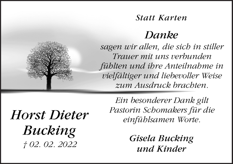  Traueranzeige für Horst Dieter Bucking vom 05.03.2022 aus Neue Osnabrücker Zeitung GmbH & Co. KG