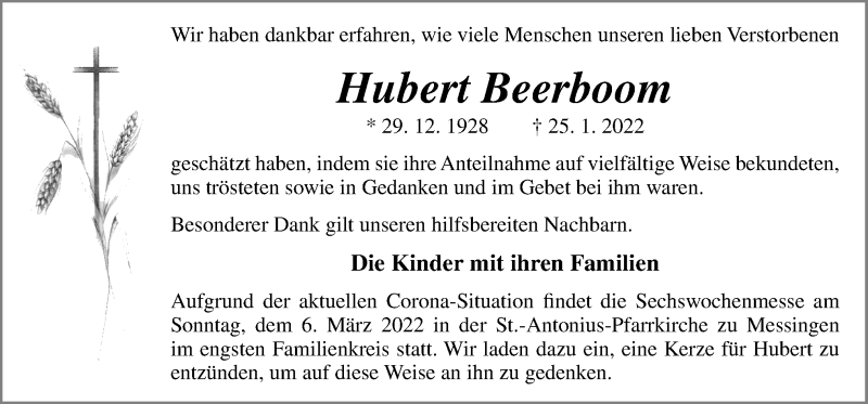  Traueranzeige für Hubert Beerboom vom 02.03.2022 aus Neue Osnabrücker Zeitung GmbH & Co. KG