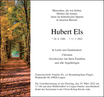 Traueranzeige von Hubert Els von Neue Osnabrücker Zeitung GmbH & Co. KG