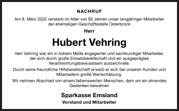Traueranzeige von Hubert Vehring von Neue Osnabrücker Zeitung GmbH & Co. KG