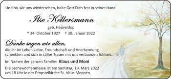Traueranzeige von Ilse Kellersmann von Neue Osnabrücker Zeitung GmbH & Co. KG
