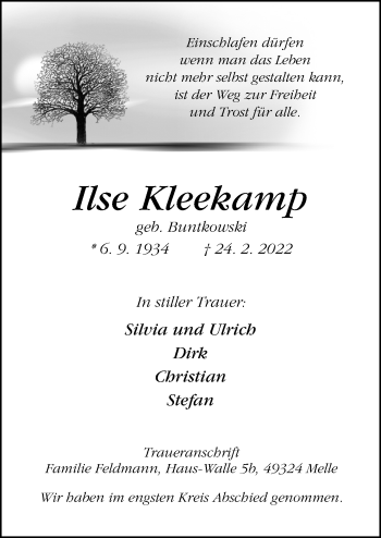 Traueranzeige von Ilse Kleekamp von Neue Osnabrücker Zeitung GmbH & Co. KG