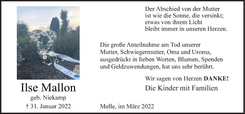  Traueranzeige für Ilse Mallon vom 12.03.2022 aus Neue Osnabrücker Zeitung GmbH & Co. KG