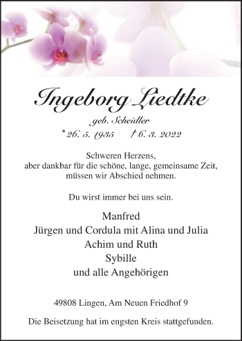 Traueranzeige von Ingeborg Liedtke von Neue Osnabrücker Zeitung GmbH & Co. KG