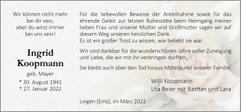 Traueranzeige von Ingrid Koopmann von Neue Osnabrücker Zeitung GmbH & Co. KG