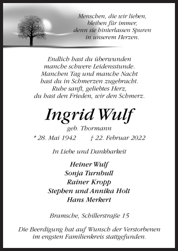 Traueranzeige von Ingrid Wulf von Neue Osnabrücker Zeitung GmbH & Co. KG