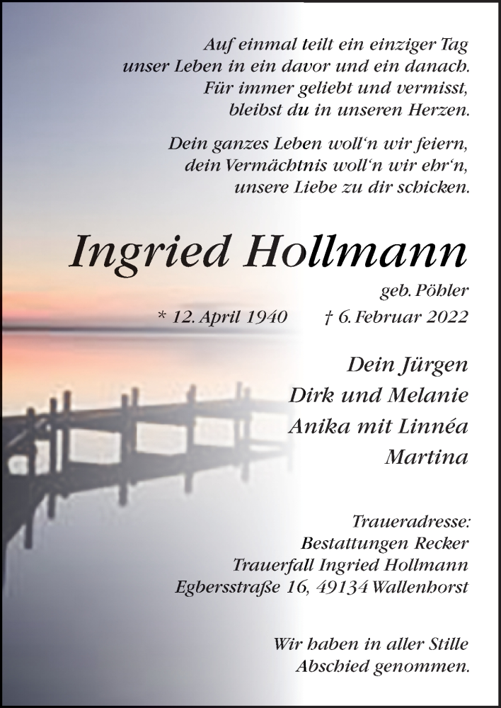  Traueranzeige für Ingried Hollmann vom 12.03.2022 aus Neue Osnabrücker Zeitung GmbH & Co. KG
