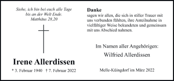 Traueranzeige von Irene Allerdissen von Neue Osnabrücker Zeitung GmbH & Co. KG