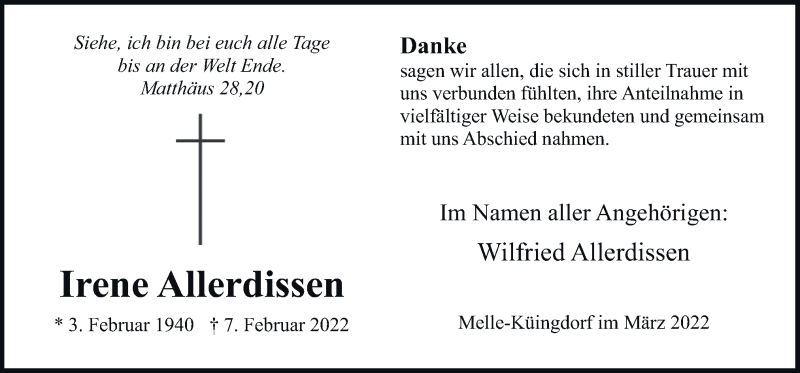  Traueranzeige für Irene Allerdissen vom 26.03.2022 aus Neue Osnabrücker Zeitung GmbH & Co. KG