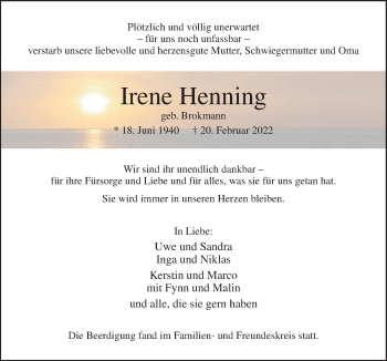 Traueranzeige von Irene Henning von Neue Osnabrücker Zeitung GmbH & Co. KG