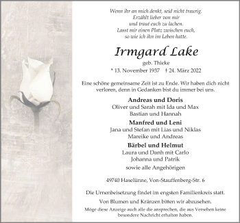 Traueranzeige von Irmgard Lake von Neue Osnabrücker Zeitung GmbH & Co. KG