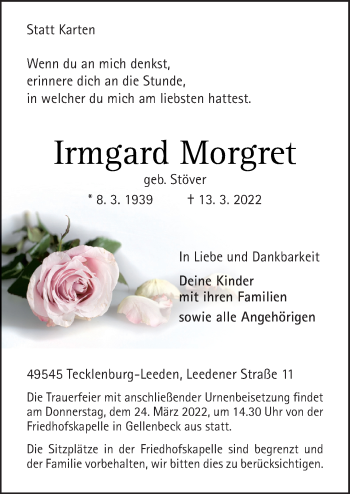 Traueranzeige von Irmgard Morgret von Neue Osnabrücker Zeitung GmbH & Co. KG