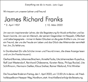 Traueranzeige von James Richard Franks von Neue Osnabrücker Zeitung GmbH & Co. KG