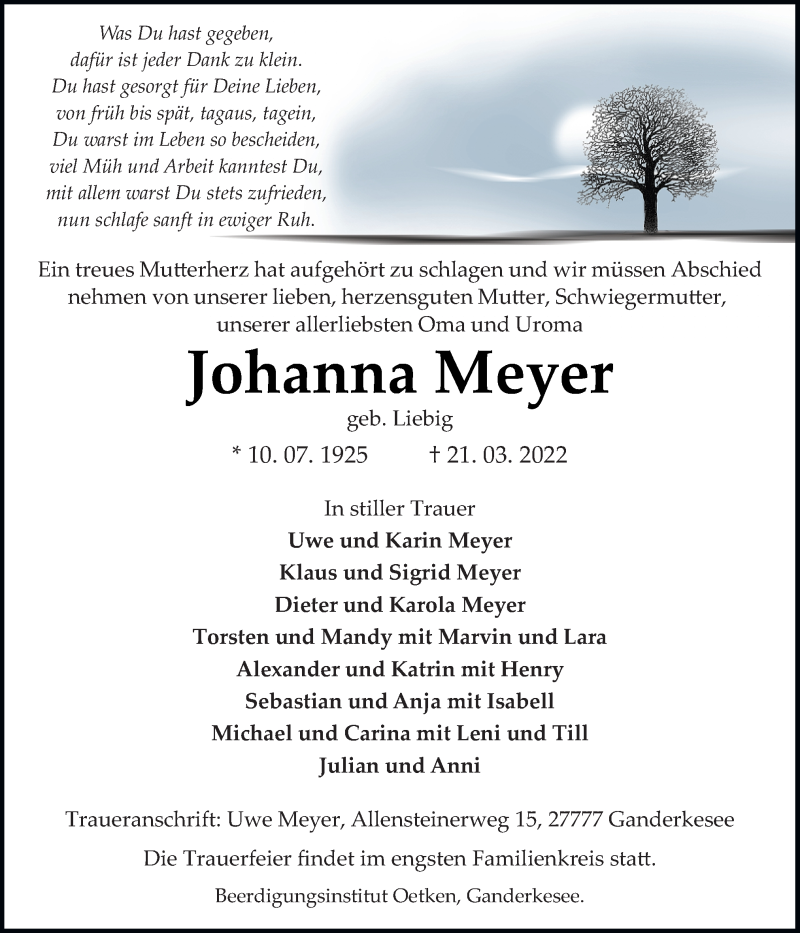 Traueranzeigen Von Johanna Meyer Noz Trauerportal