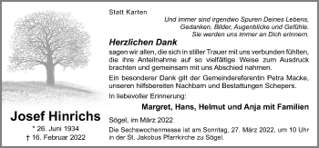 Traueranzeige von Josef Hinrichs von Neue Osnabrücker Zeitung GmbH & Co. KG