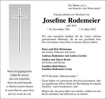 Traueranzeige von Josefine Rodemeier von Neue Osnabrücker Zeitung GmbH & Co. KG