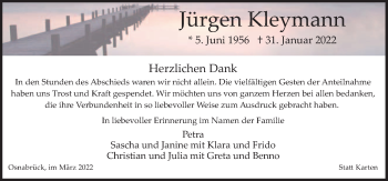 Traueranzeige von Jürgen Kleymann von Neue Osnabrücker Zeitung GmbH & Co. KG