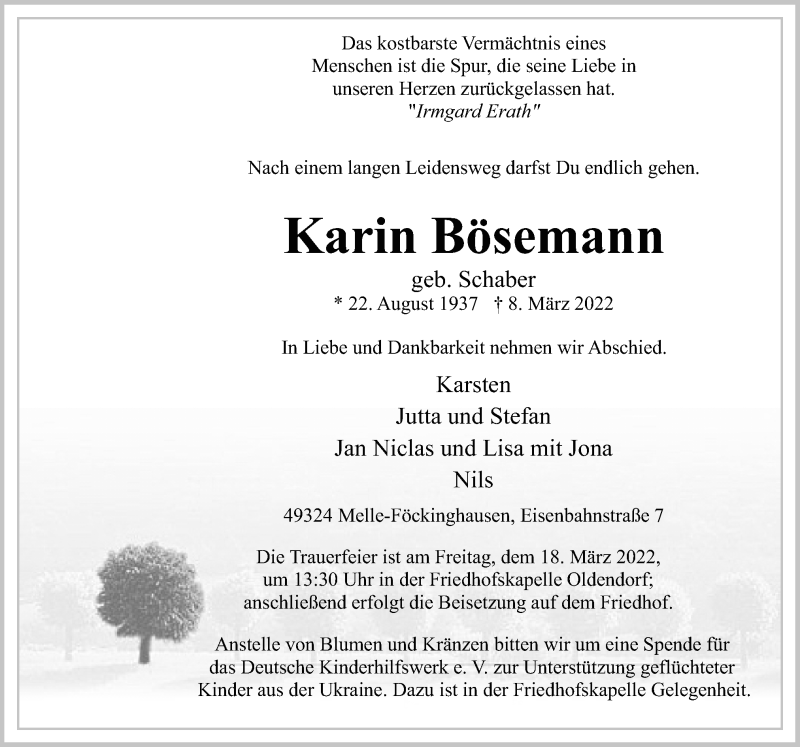  Traueranzeige für Karin Bösemann vom 12.03.2022 aus Neue Osnabrücker Zeitung GmbH & Co. KG