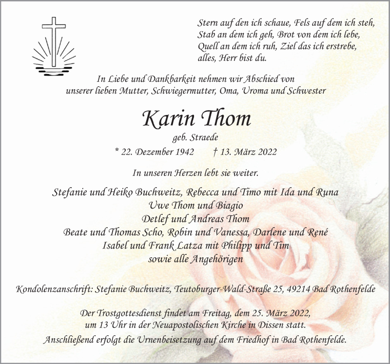  Traueranzeige für Karin Thom vom 19.03.2022 aus Neue Osnabrücker Zeitung GmbH & Co. KG