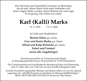 Traueranzeige von Karl Marks von Neue Osnabrücker Zeitung GmbH & Co. KG