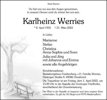 Traueranzeige von Karlheinz Werries von Neue Osnabrücker Zeitung GmbH & Co. KG