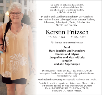 Traueranzeige von Kerstin Fritzsch von Neue Osnabrücker Zeitung GmbH & Co. KG