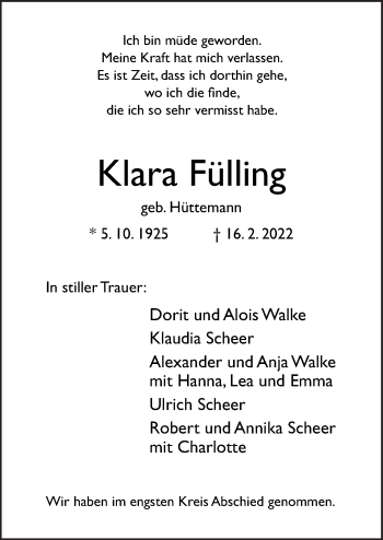 Traueranzeige von Klara Fülling von Neue Osnabrücker Zeitung GmbH & Co. KG