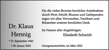 Traueranzeige von Klaus Hennig von Neue Osnabrücker Zeitung GmbH & Co. KG