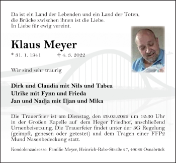 Traueranzeige von Klaus Meyer von Neue Osnabrücker Zeitung GmbH & Co. KG