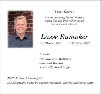 Traueranzeige von Lasse Rumpker von Neue Osnabrücker Zeitung GmbH & Co. KG