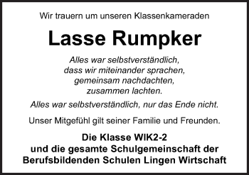 Traueranzeige von Lasse Rumpker von Neue Osnabrücker Zeitung GmbH & Co. KG