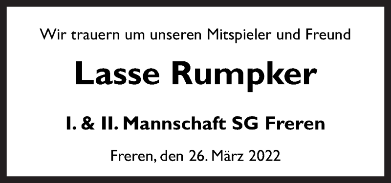  Traueranzeige für Lasse Rumpker vom 26.03.2022 aus Neue Osnabrücker Zeitung GmbH & Co. KG