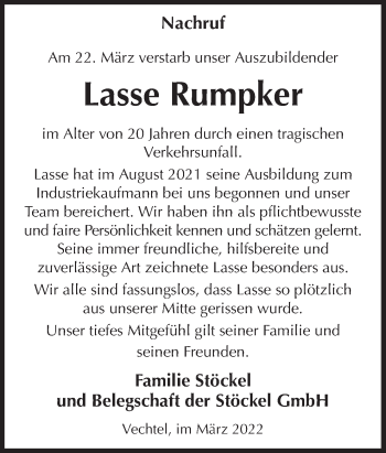 Traueranzeige von Lasse Rumpker von Neue Osnabrücker Zeitung GmbH & Co. KG