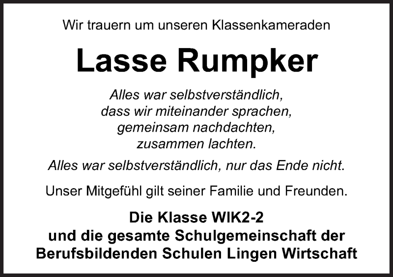  Traueranzeige für Lasse Rumpker vom 26.03.2022 aus Neue Osnabrücker Zeitung GmbH & Co. KG