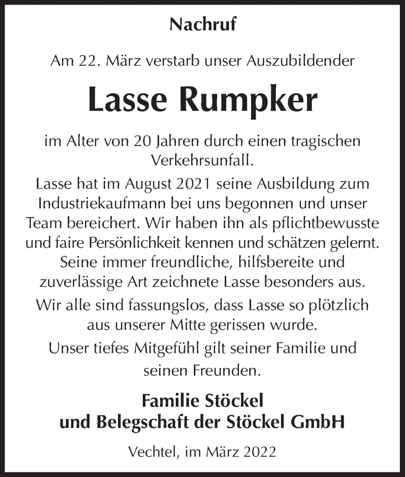  Traueranzeige für Lasse Rumpker vom 30.03.2022 aus Neue Osnabrücker Zeitung GmbH & Co. KG