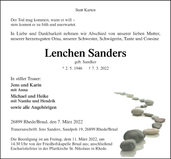 Traueranzeige von Lenchen Sanders von Neue Osnabrücker Zeitung GmbH & Co. KG