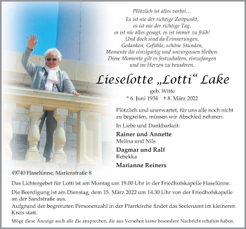 Traueranzeige von Lieselotte Lake von Neue Osnabrücker Zeitung GmbH & Co. KG