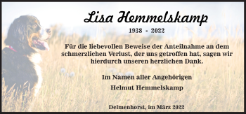 Traueranzeige von Lisa Hemmelskamp von Neue Osnabrücker Zeitung GmbH & Co. KG