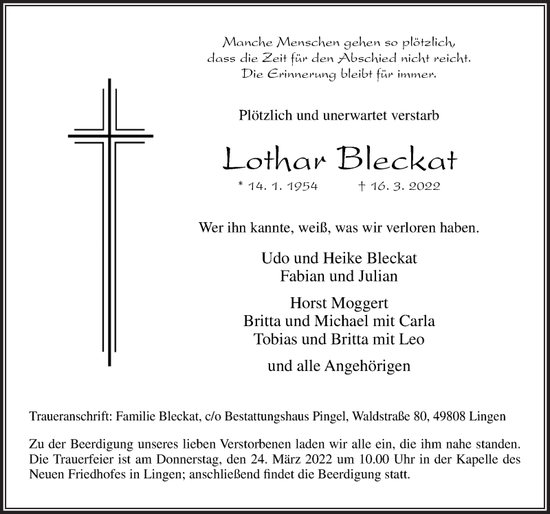  Traueranzeige für Lothar Bleckat vom 22.03.2022 aus Neue Osnabrücker Zeitung GmbH & Co. KG