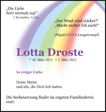 Traueranzeige von Lotta Droste von Neue Osnabrücker Zeitung GmbH & Co. KG