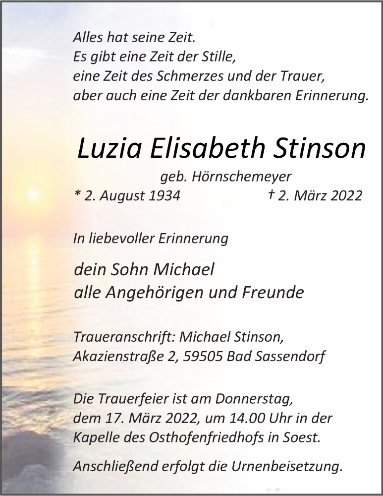  Traueranzeige für Luzia Elisabeth Stinson vom 12.03.2022 aus Neue Osnabrücker Zeitung GmbH & Co. KG