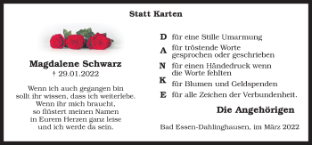 Traueranzeige von Magdalene Schwarz von Neue Osnabrücker Zeitung GmbH & Co. KG