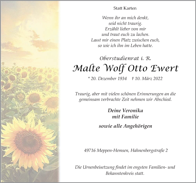  Traueranzeige für Malte Wolf Otto Ewert vom 19.03.2022 aus Neue Osnabrücker Zeitung GmbH & Co. KG