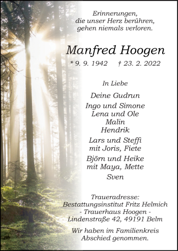 Traueranzeige von Manfred Hoogen von Neue Osnabrücker Zeitung GmbH & Co. KG