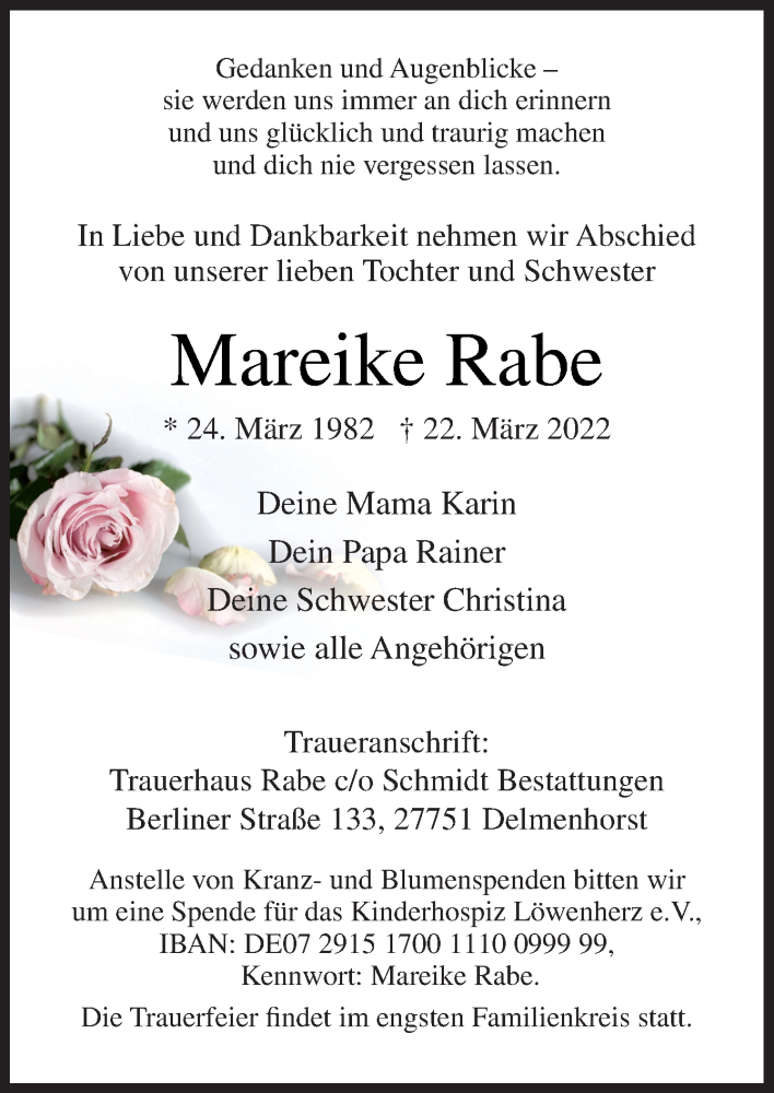  Traueranzeige für Mareike Rabe vom 26.03.2022 aus Neue Osnabrücker Zeitung GmbH & Co. KG